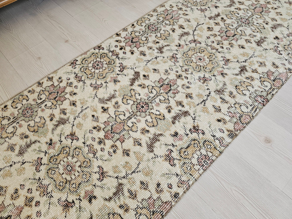 Hand Knotted Wool Runner Rug: 2x10 Vintage Floral Oushak Design