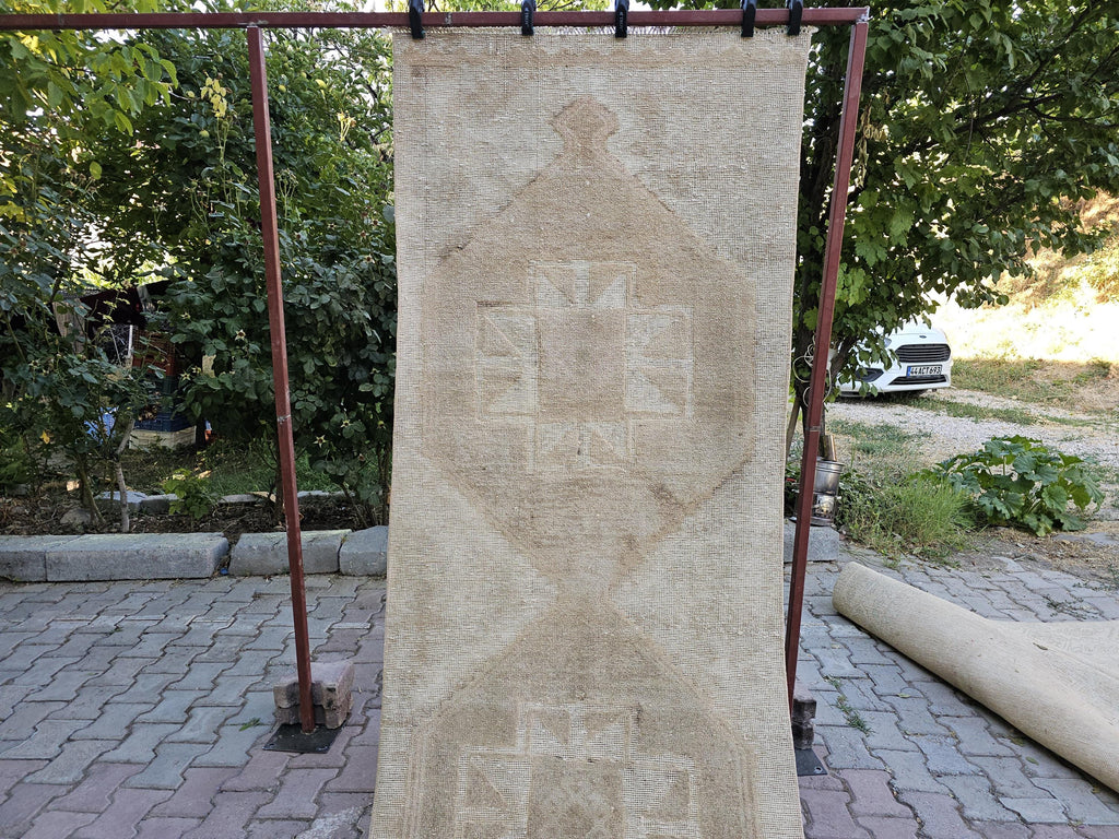 Beige Oushak Runner: Handmade Wool Anatolian Style Neutral Turkish Rug, 3.3x12.65 ft