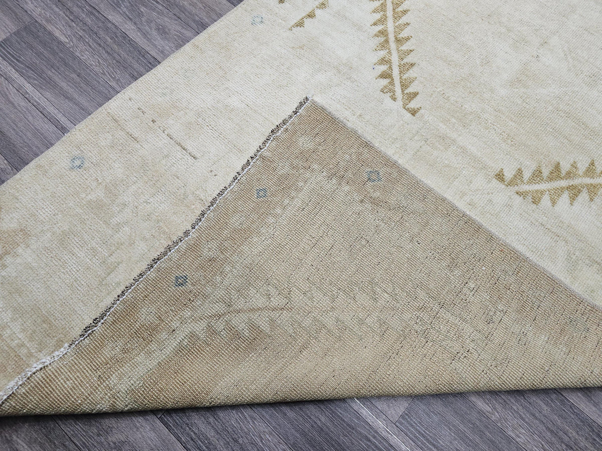 Wide Neutral Turkish Runner Beige Brown Geometric Pale Oushak Runner Handmade //3.40x12.15 feet