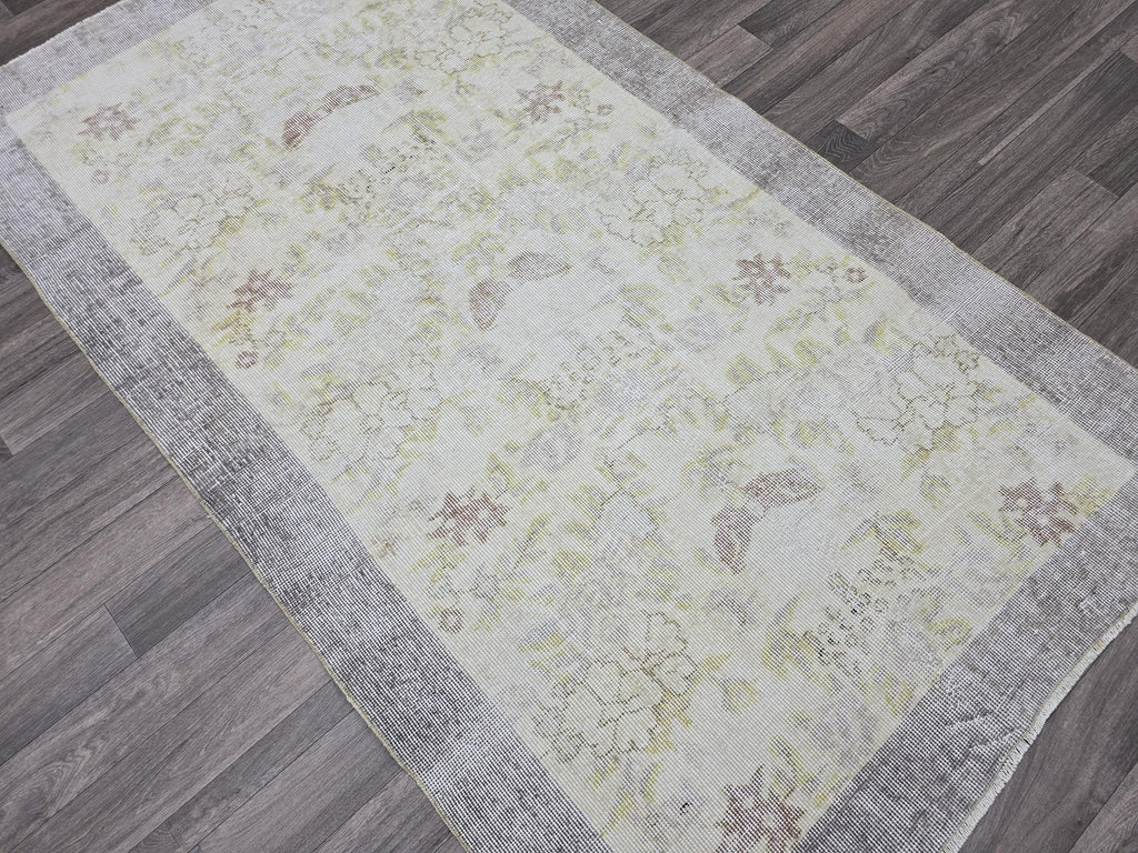 Vintage Oushak Rug: 4x7 Handknotted Wool Ivory Cream Floral Turkish Carpet