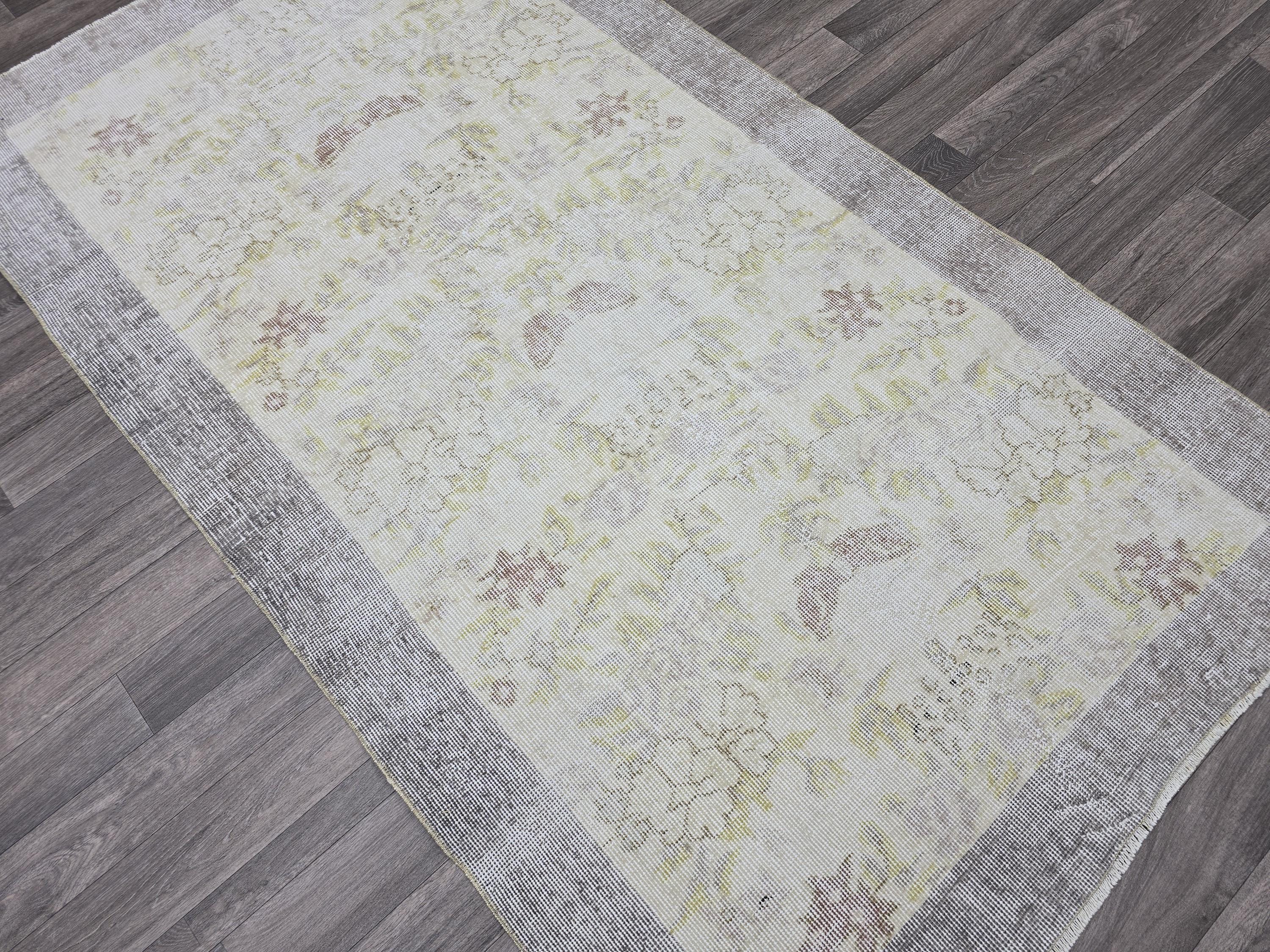 Vintage Oushak Rug: 4x7 Handknotted Wool Ivory Cream Floral Turkish Carpet