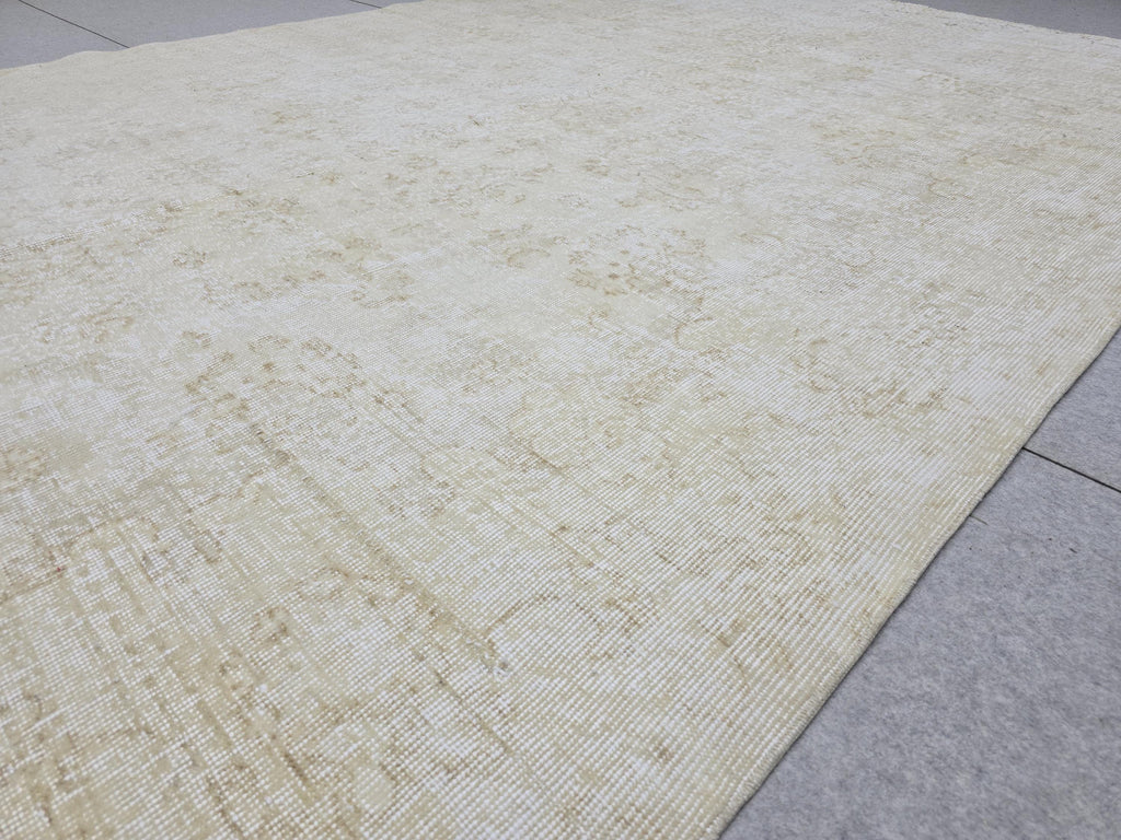 7x10 Handknotted Turkish Oushak Rug, Cream Beige Faded Wool Carpet