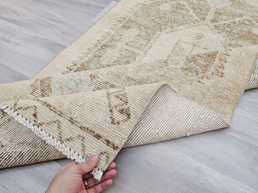 Neutral Turkish Oushak Runner Rug: Hand-Knotted Wool Boho Decor (3x11.5 ft)