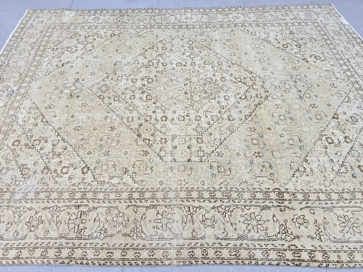 Turkish Rug 8x11 | Neutral Oushak Style Medallion Rug | Hand Knotted Vintage Wool Beige Area Carpet | Living Room Office Decor