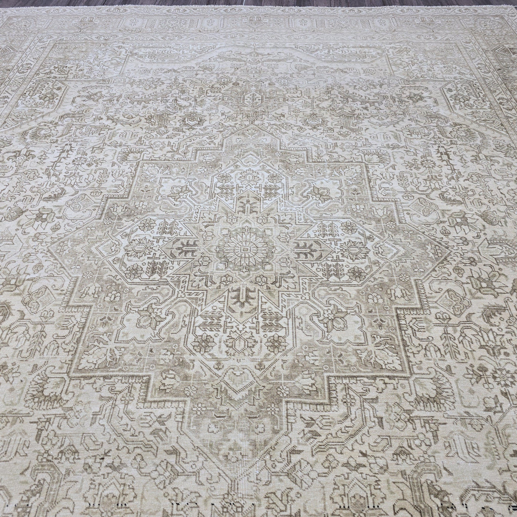Vintage Rug 9x12 : Hand Knotted Wool Neutral Turkish Oushak Carpet