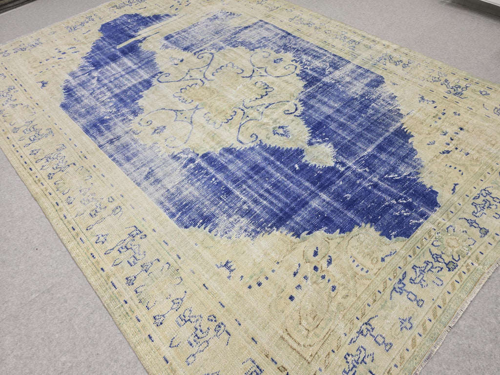 Vintage Turkish Oushak Rug 7x10, Cream Blue Oriental Wool Carpet