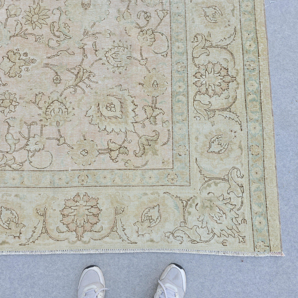 Turkish Rug 9x12 Soft Pink Beige Floral Vintage Hand Knotted Oushak Living Room Carpet