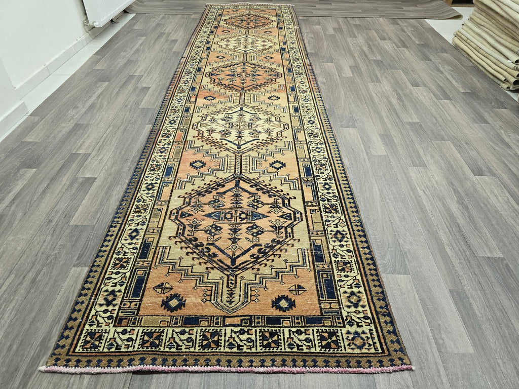 Vintage Heriz Wool Runner: Hand-Knotted Pastel Oushak Rug (3.40x13.30 ft)