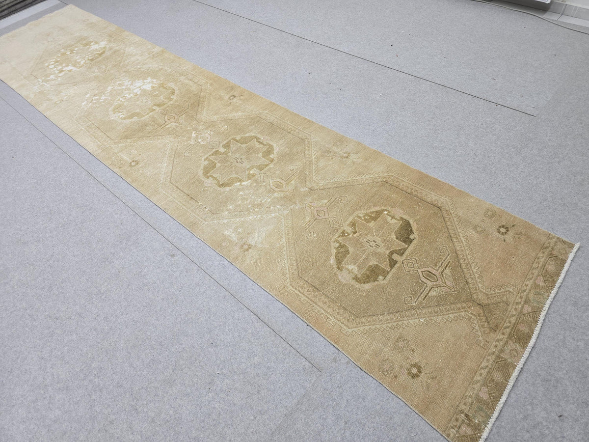 Turkish Rug 3x13, Antique Neutral Runner, Hand Knotted Wool Oushak Runner, Faded Camel Beige Hallway Carpet, Distressed Boho Stair Rug