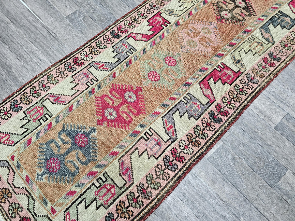 Vintage Wool Runner Rug: 2.5x13.10 ft, Pastel Colors, Traditional Anatolian Hallway Rug
