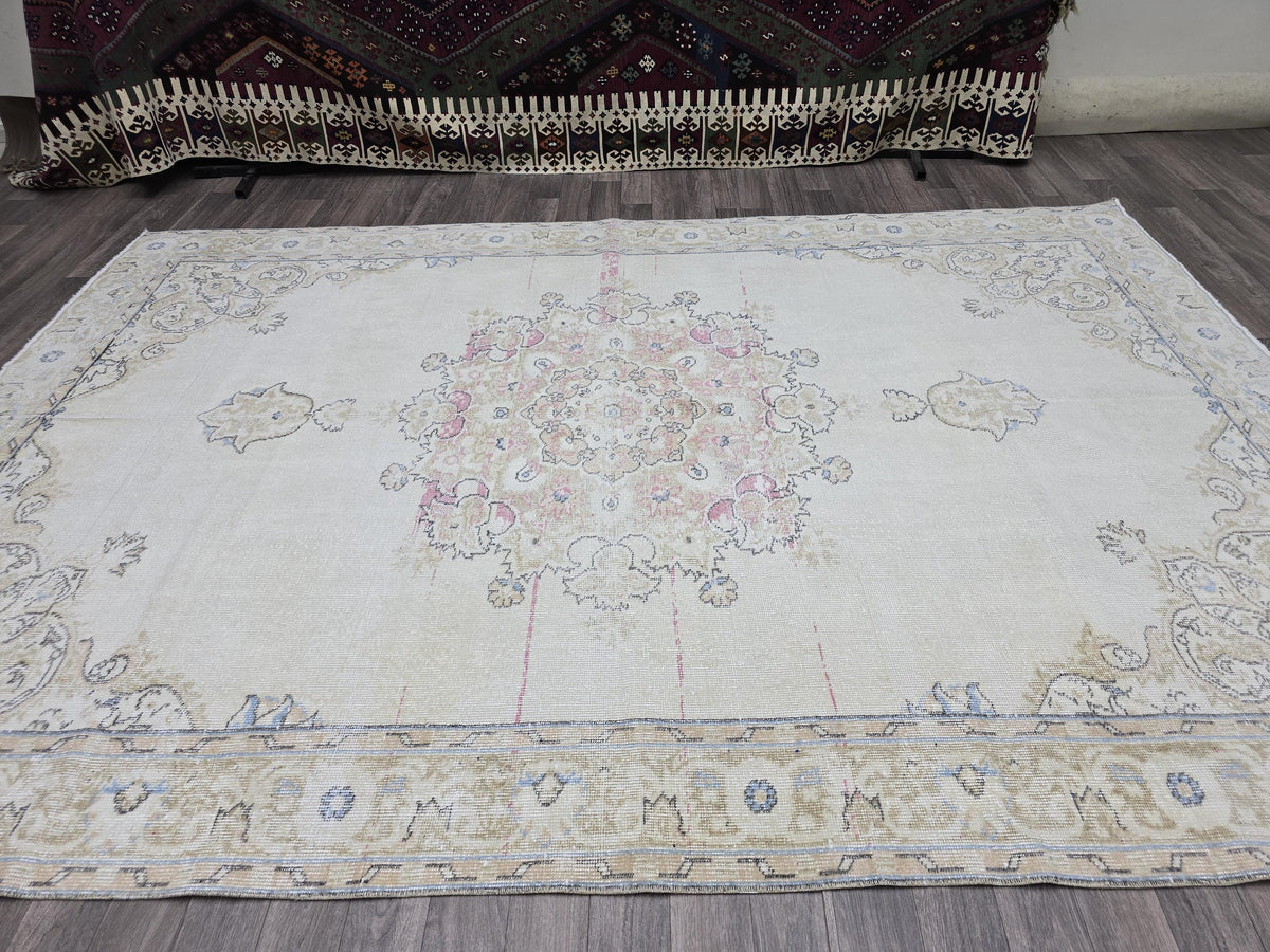 Turkish Rug 7x10 Vintage Cream Wool Area Rug Muted Pink Oushak Living Room Carpet