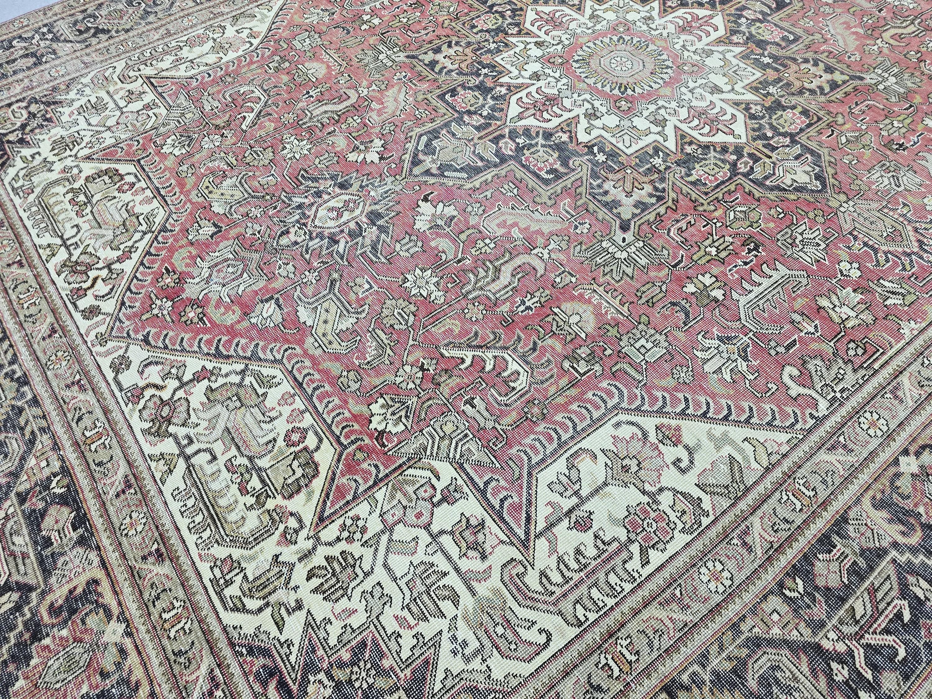 Vintage Hand-Knotted Wool Rug, Red Medallion Turkish Carpet, 9x13 Living Room Area Rug