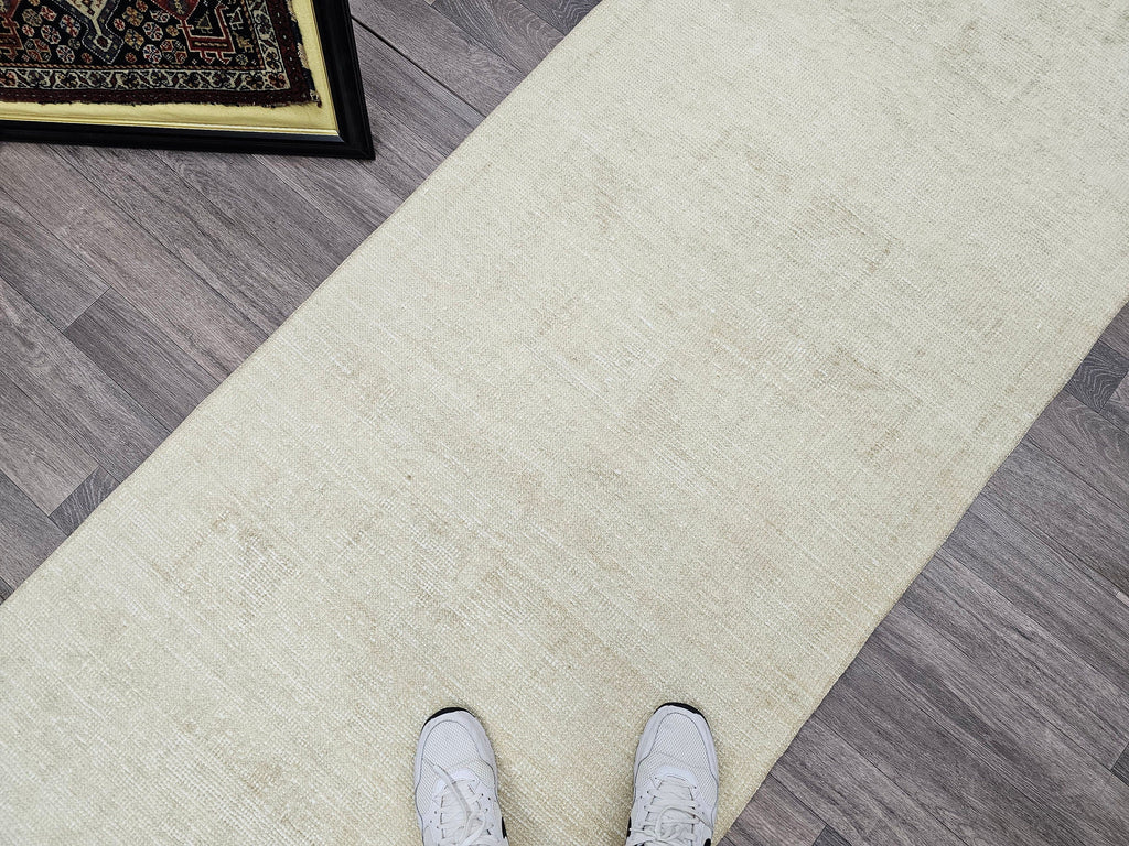 Neutral Turkish Runner Rug: 3x12 Vintage Hand-Knotted Wool Oushak