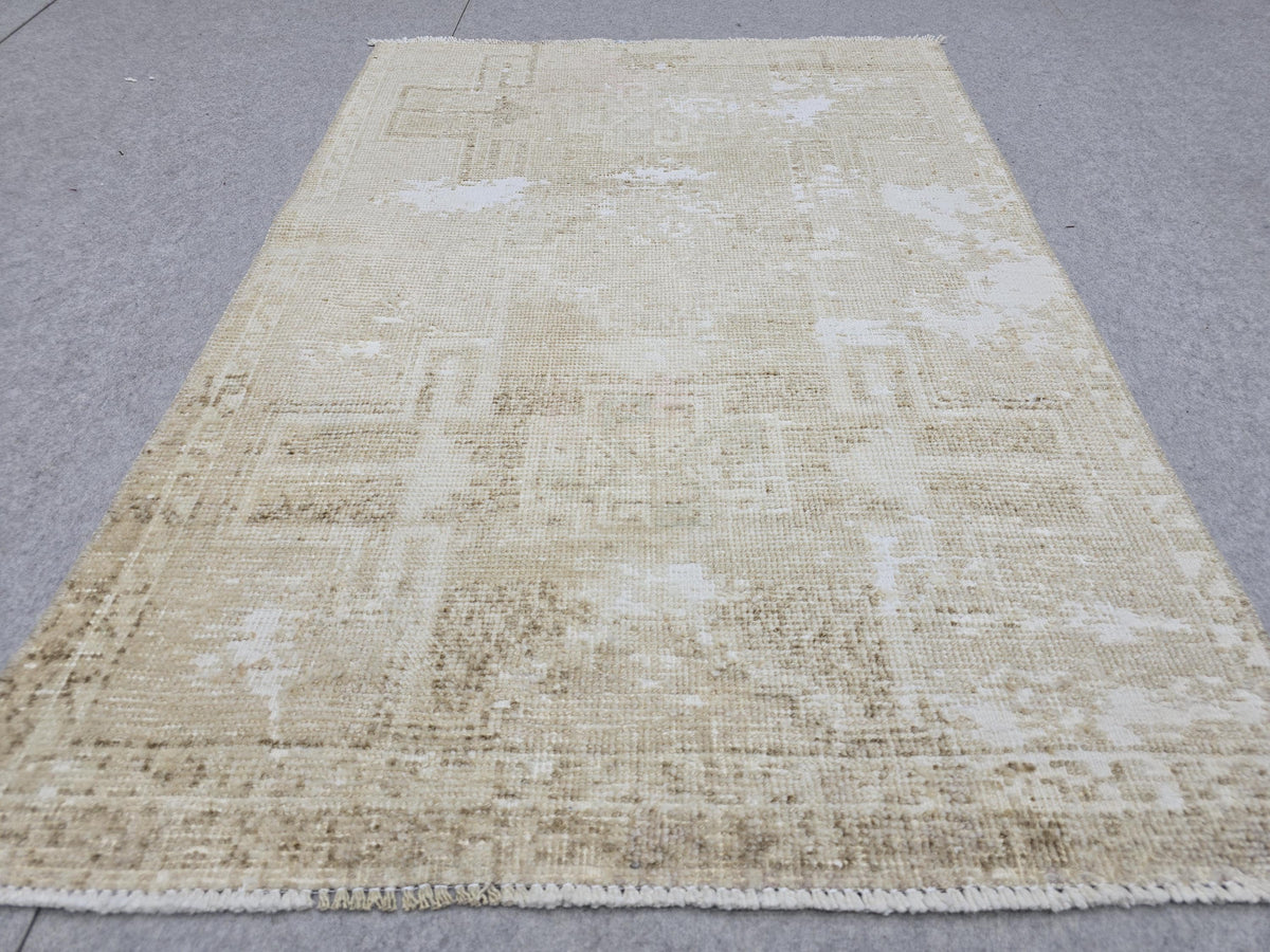 Vintage Rug 3x4, Small Distressed Neutral Rug, Hand Knotted Wool Oushak Accent Rug, Faded Beige Kitchen Mat, Boho Entryway Door Rug