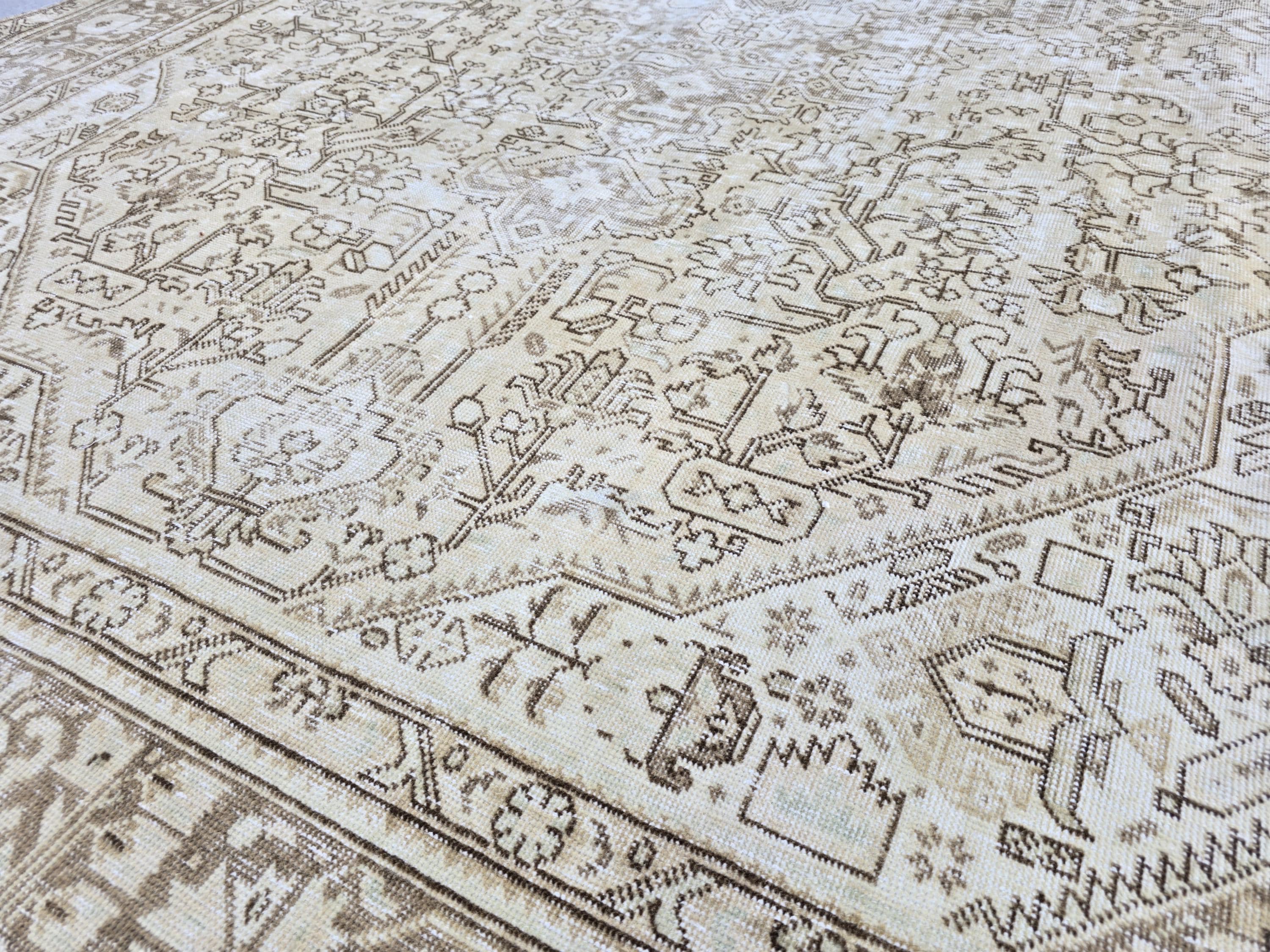 Vintage Turkish Rug, Neutral Beige 8x11 Area Rug, Handwoven Distressed Medallion Rug