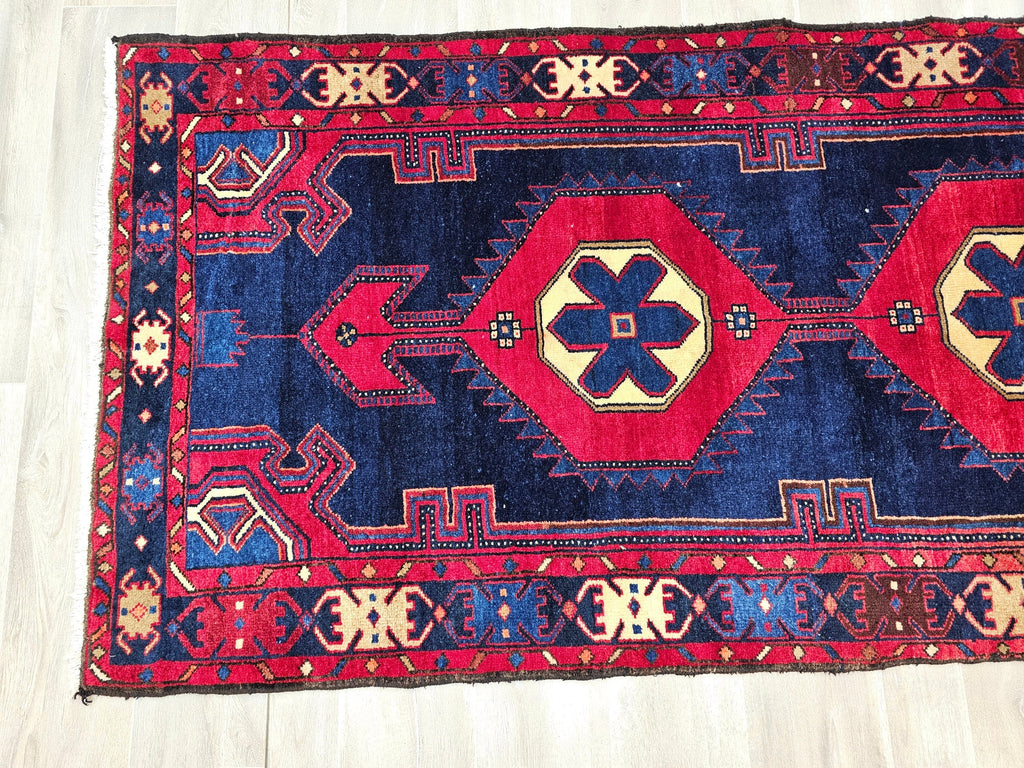 3.50x9.85 feet Traditional Wool Antique Anatolian Runner Rug Red Navy Blue