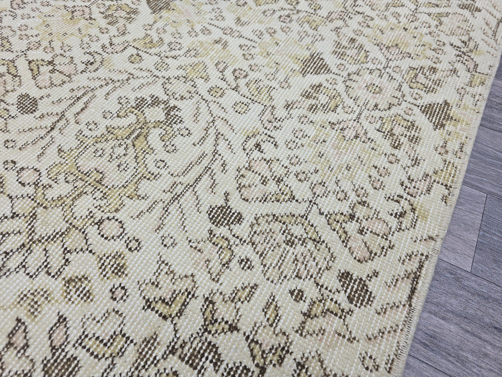 Vintage Turkish Oushak Runner Rug 4x7: Beige Wool Hallway Carpet