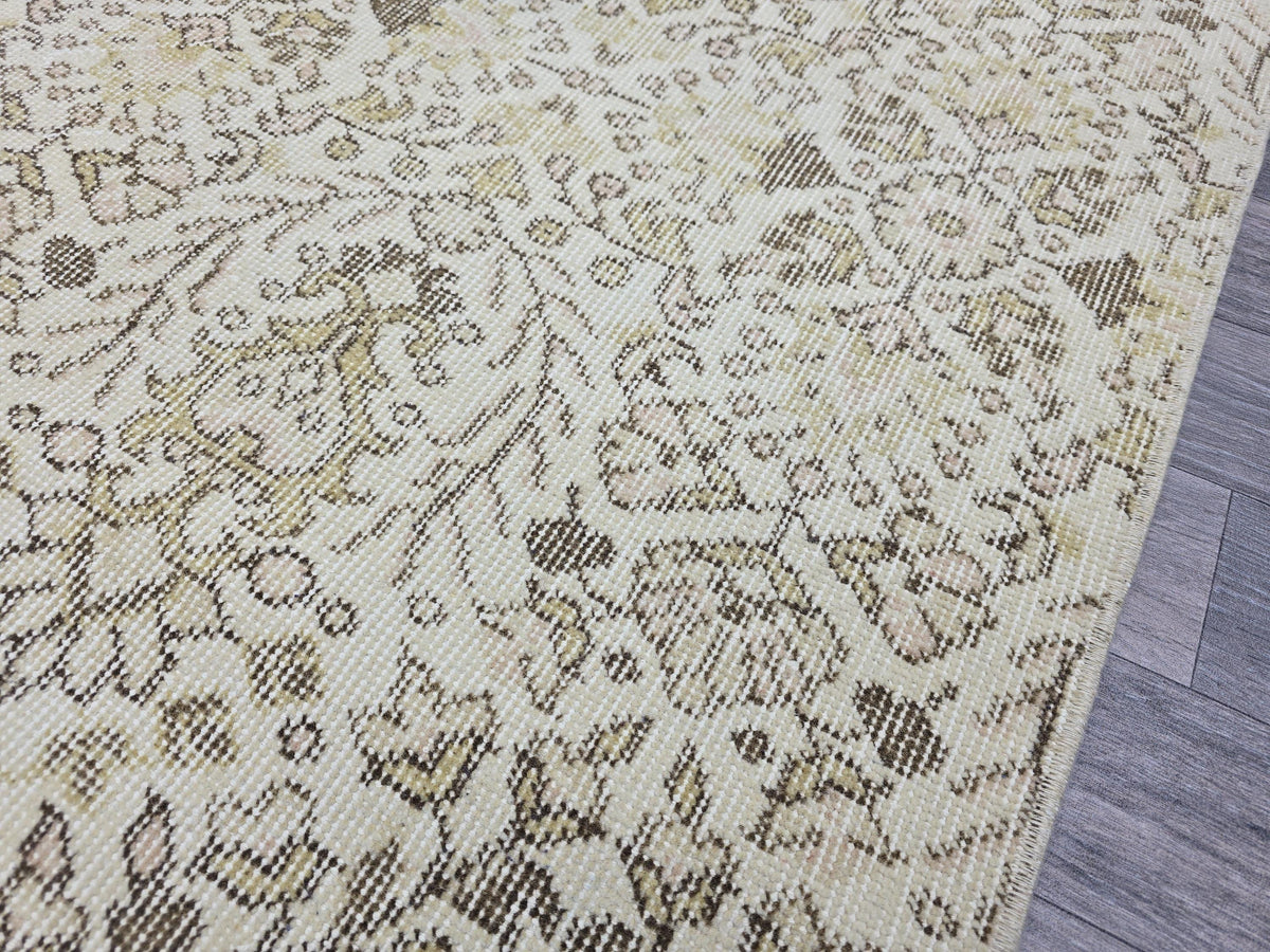 Vintage Turkish Oushak Runner Rug 4x7: Beige Wool Hallway Carpet