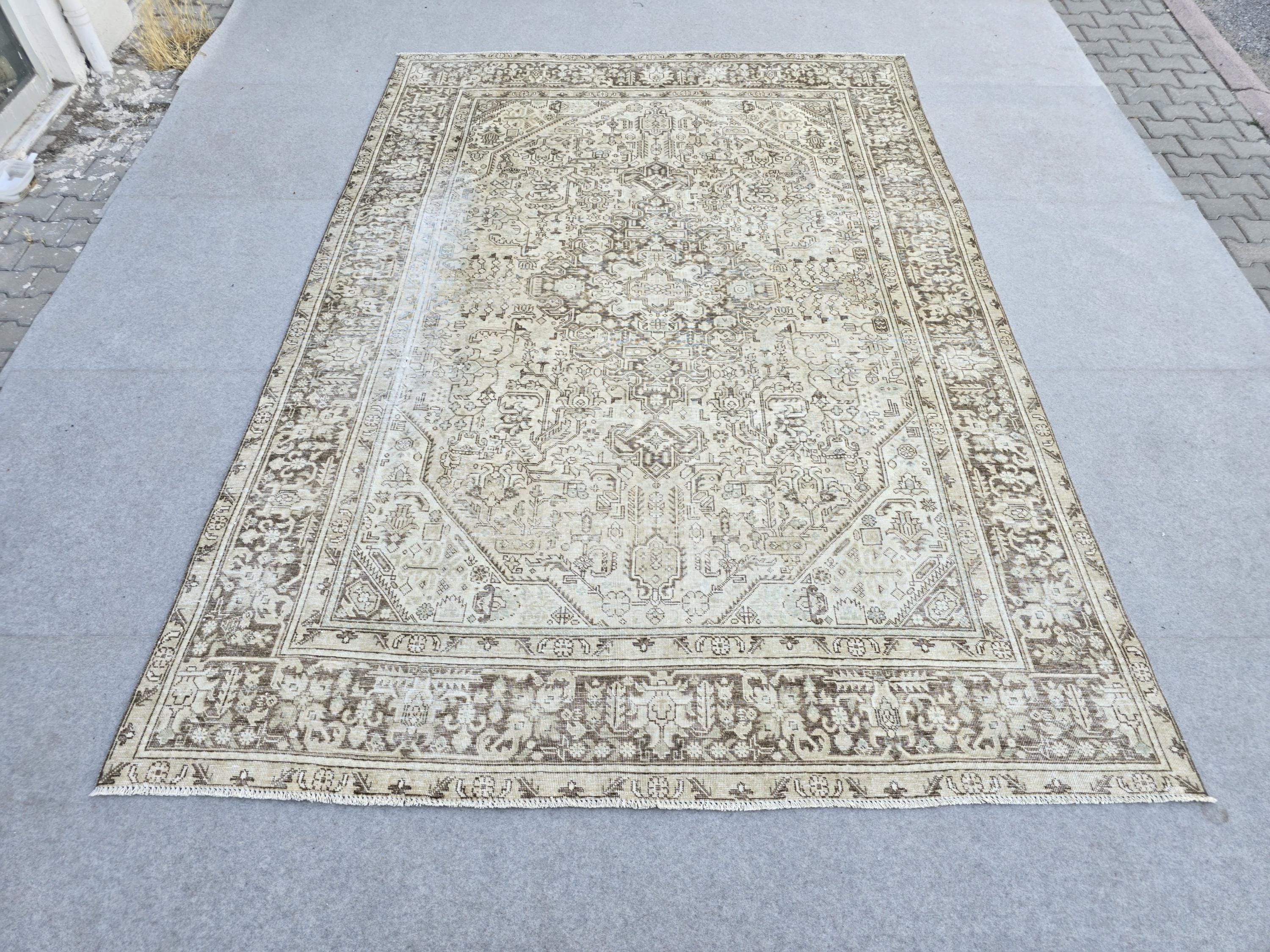 8x11 Vintage Turkish Rug, Neutral Beige Distressed Area Rug, Handwoven Large Rug