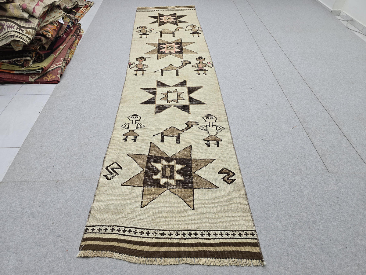3x13 Vintage Runner Rug, Ivory Cream Diamond Tribal Hallway Carpet, Neutral Geometric Wool Long Runner, Boho Scandinavian Decor Animal Rug
