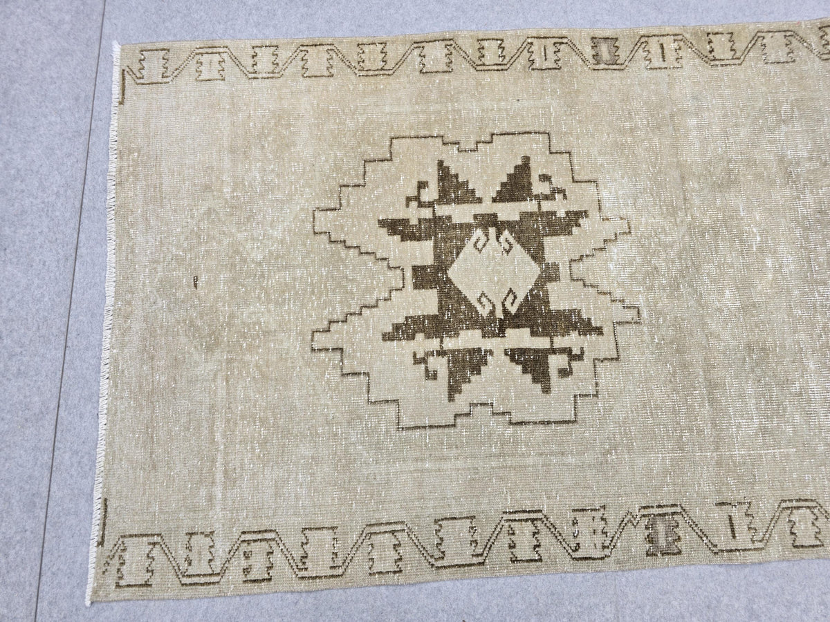 Turkish Rug 3.5x10 Runner, Wheat Brown Wool Rug for Entryway, Tribal Star Medallion Carpet, Neutral Stair Runner, Rustic Dining Decor