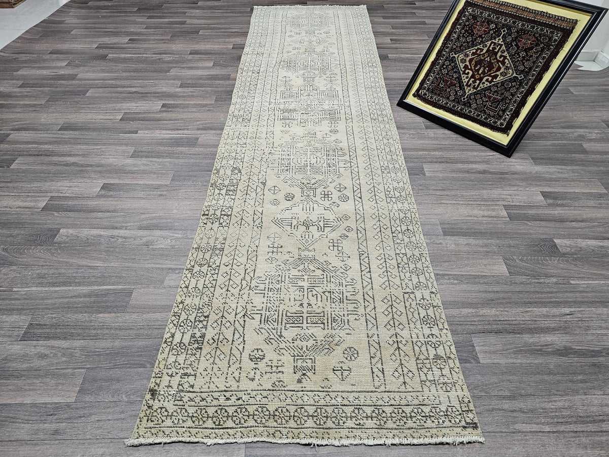 Vintage Oushak Runner Rug: 3x12 Hand-Knotted Wool Turkish Hallway Rug