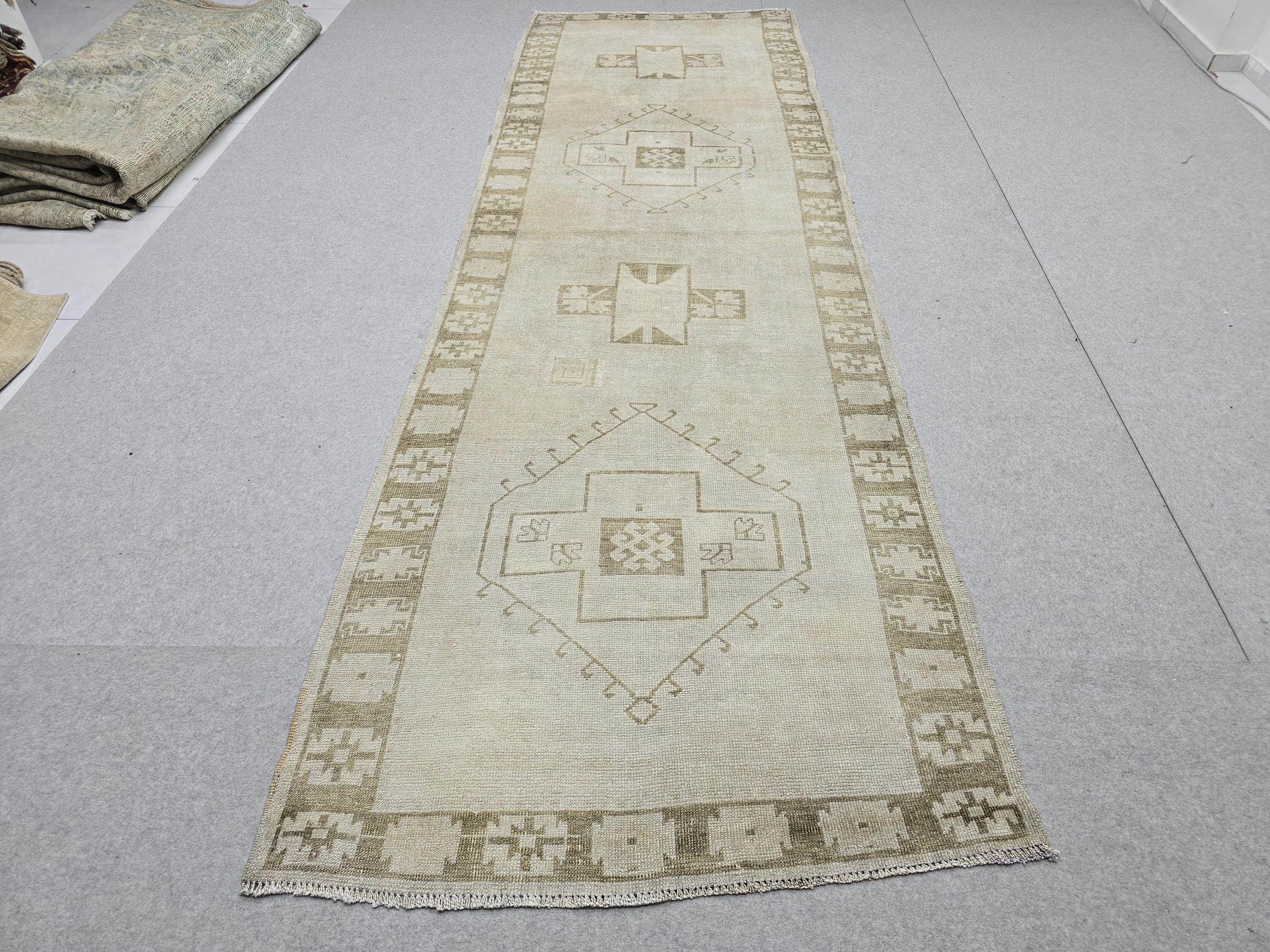 Oushak Rug 4x12, Neutral Runner Rug, Faded Hand Knotted Wool Turkish Runner, Muted Beige Hallway Rug, Vintage Boho Stair Neutral Runner