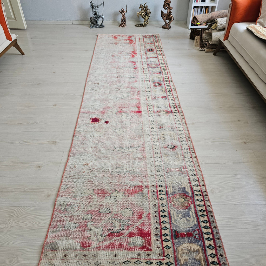 Vintage Turkish Oushak Runner Rug: 2.6x10 ft, Narrow Floral Wool Rug
