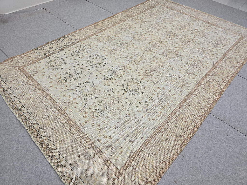 Vintage Turkish Oushak Rug 7x10, Hand Knotted Wool, Neutral Farmhouse