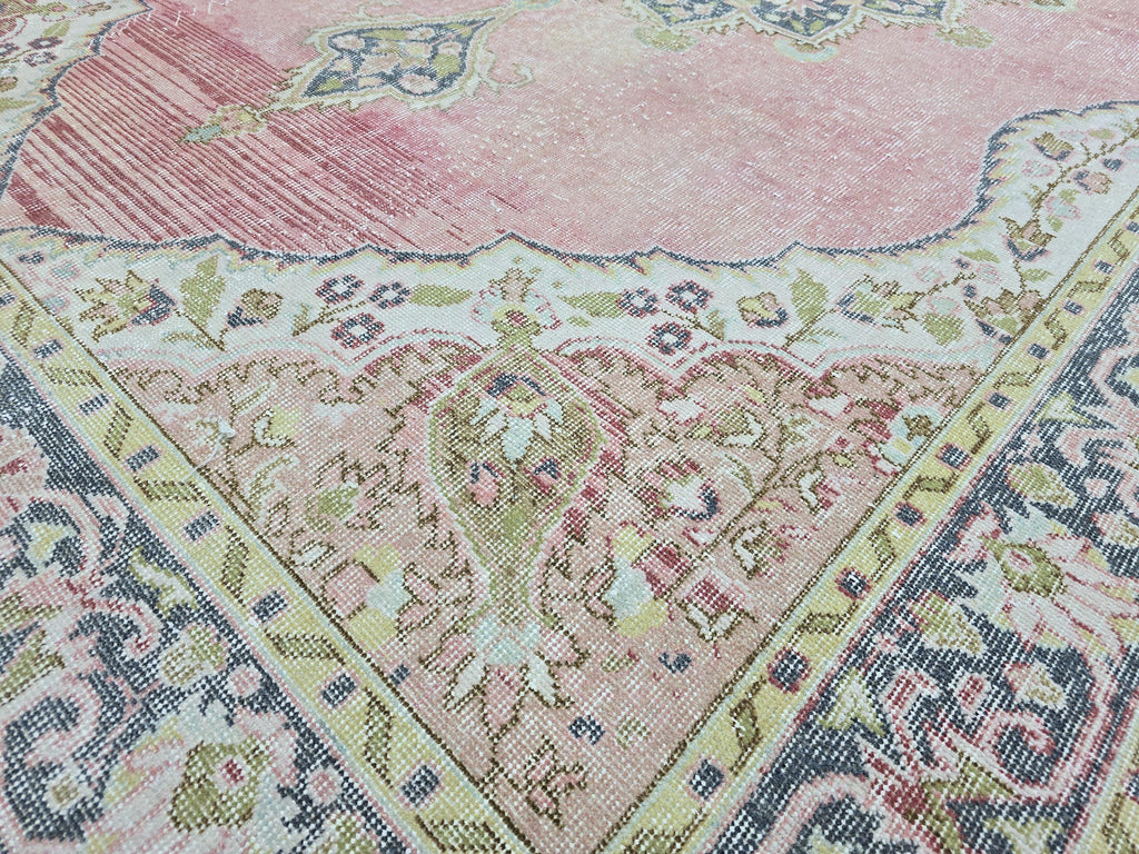 Vintage Turkish Oushak Rug: 7x11 Pink Floral Wool Carpet