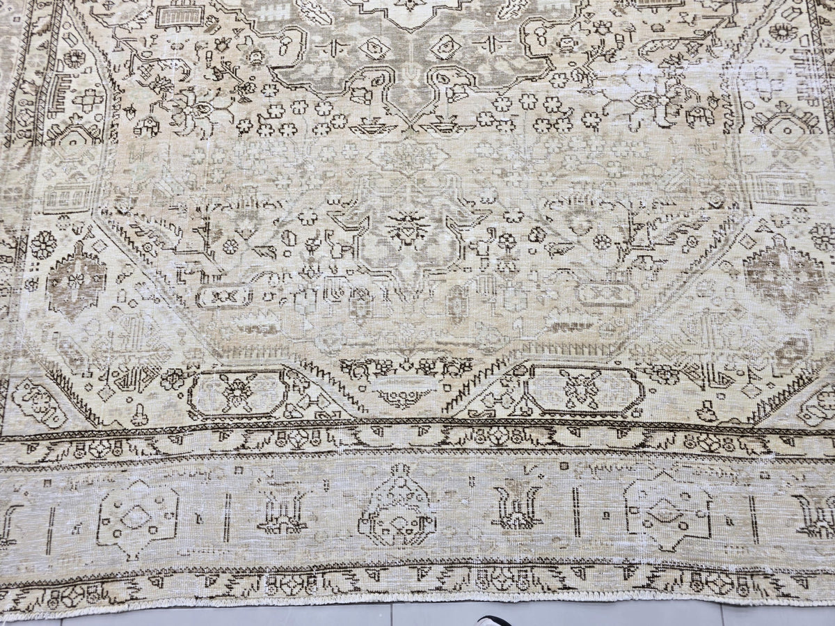 Turkish Rug 8x10, Distressed Grey Beige Vintage Area Rug, Hand Knotted Wool Carpet with Tribal Medallion for Living Room, Hallway