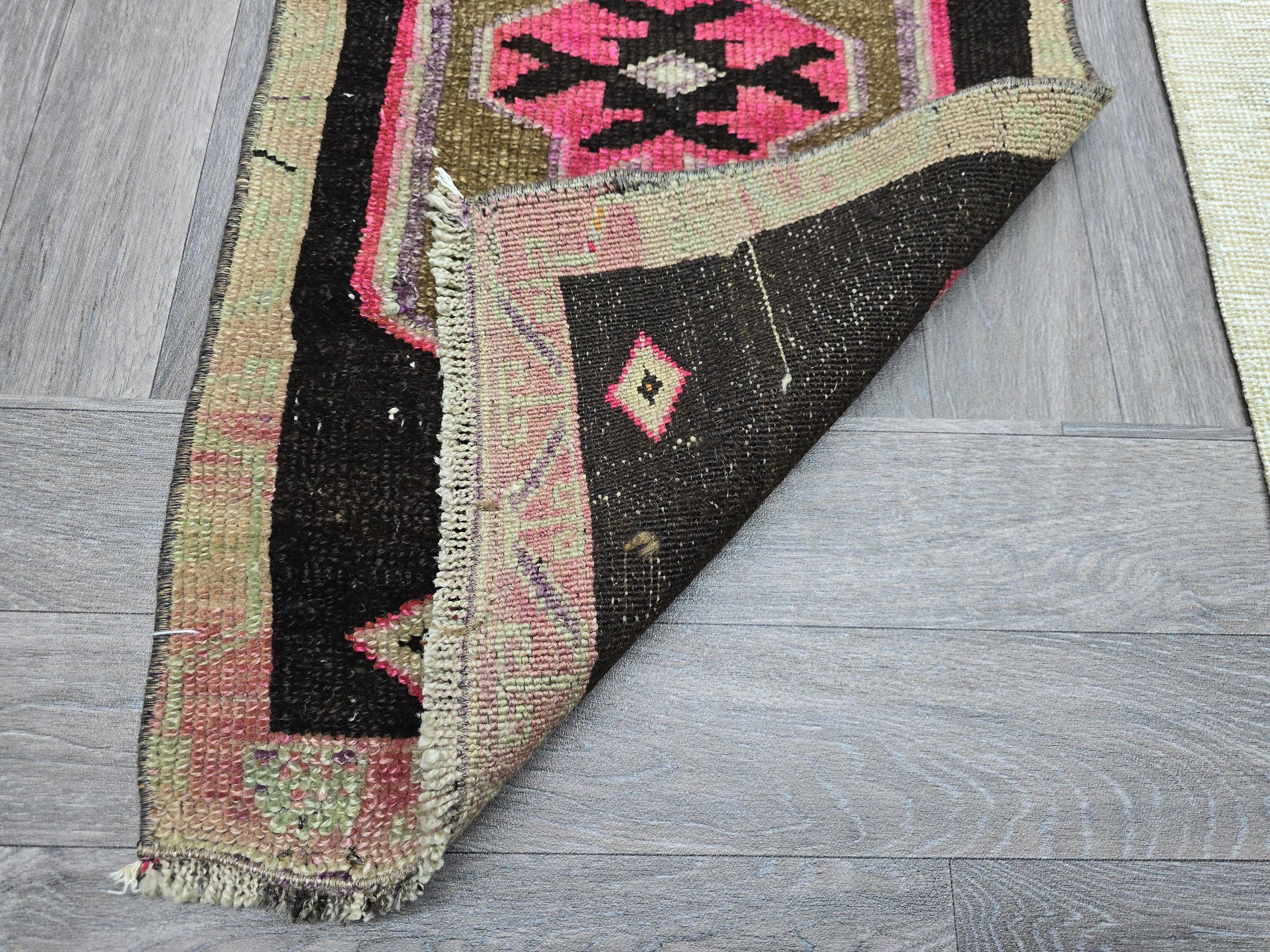 Vintage Turkish Wool Rug: Black & Pink Geometric Oushak Doormat (2x3 ft)