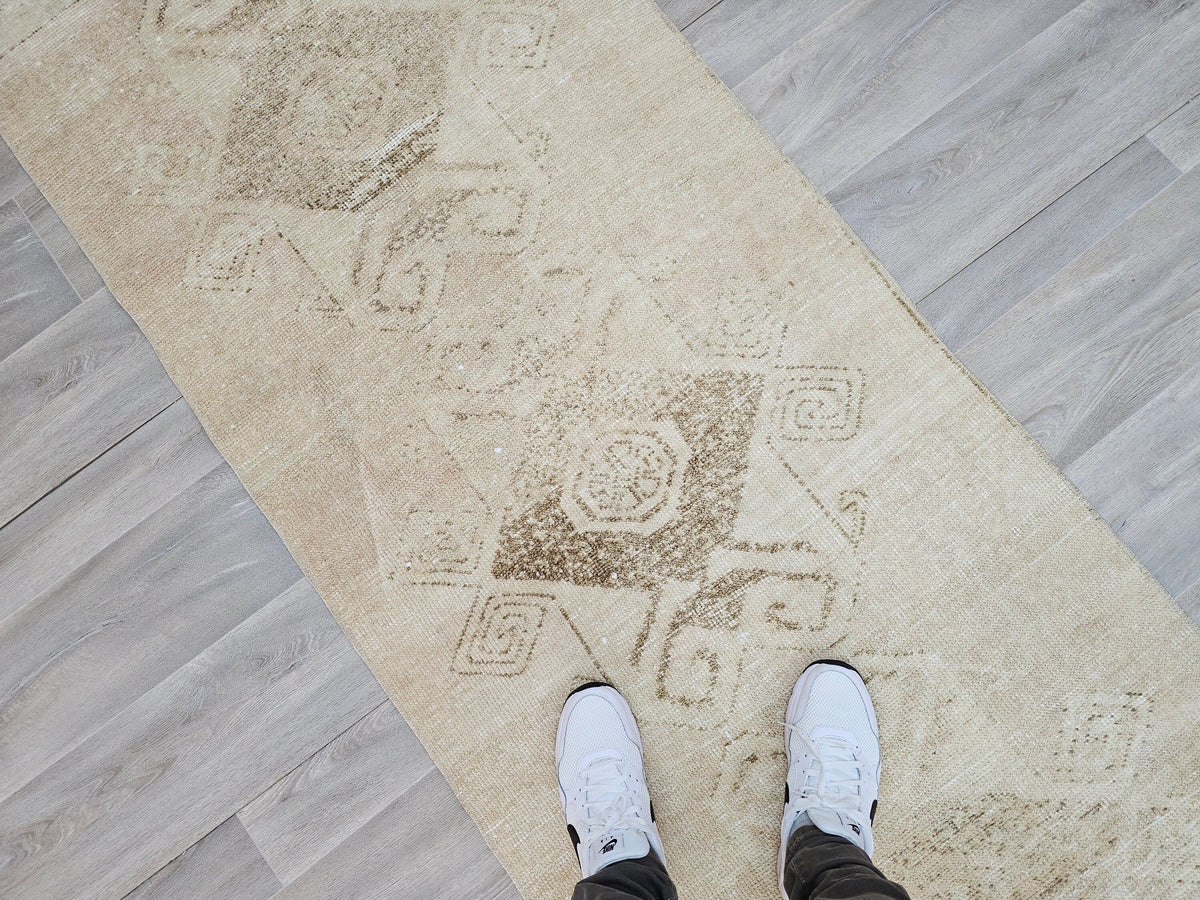 Hand Knotted Turkish Runner Rug 3x12: Vintage Wool Hallway Carpet