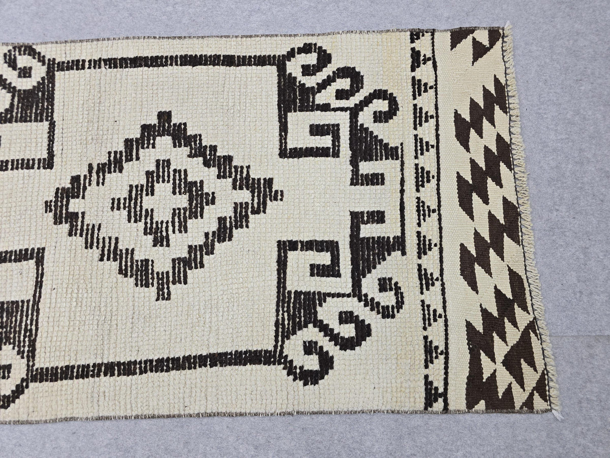 Oushak Runner Rug 3x12, Ivory Cream Brown Wool Hallway Runner, Vintage Anatolian Narrow Staircase Corridor Rug