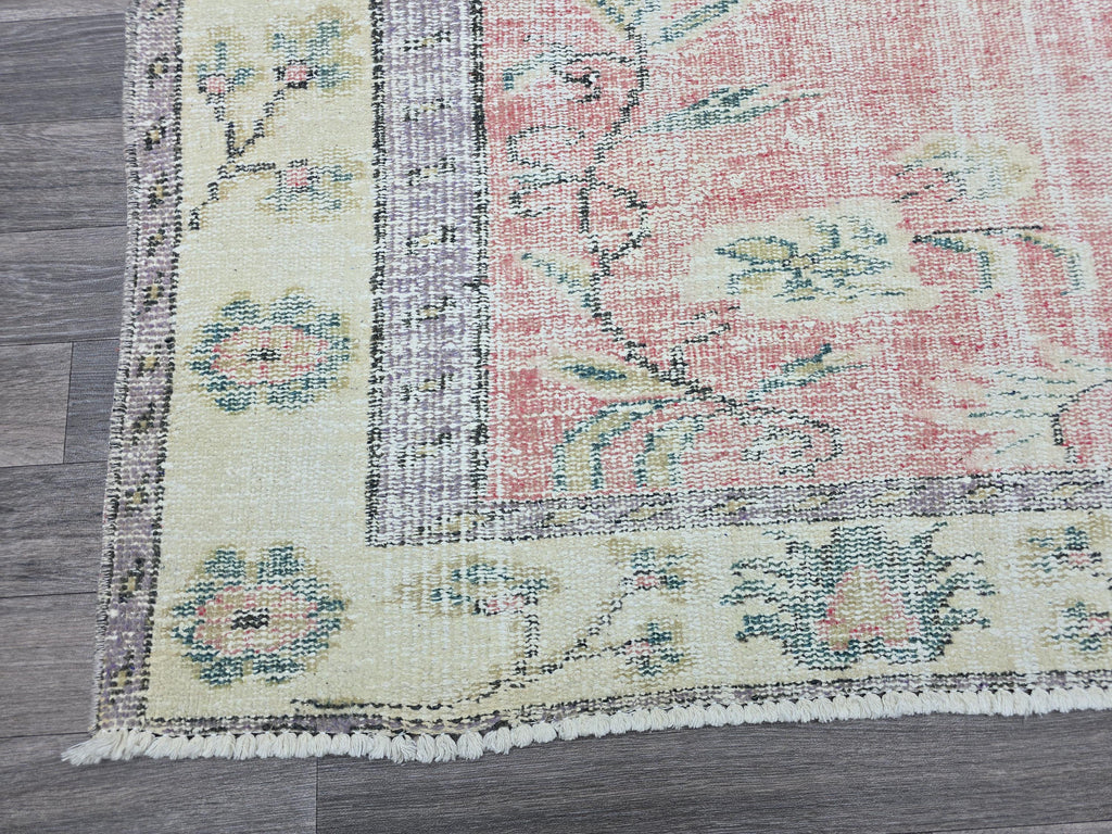 6x9 Vintage Turkish Oushak Rug: Pink Floral Wool Carpet