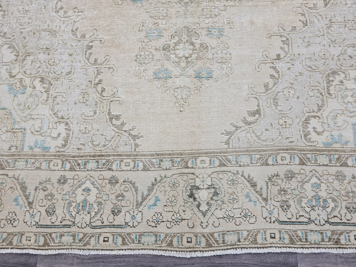9x12 Beige Blue Faded Vintage Turkish Area Rug/ Natural Wool Rug / Authentic Carpet