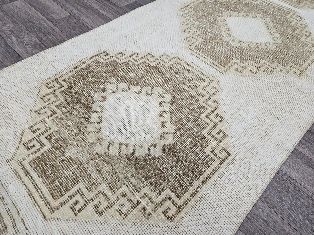 Hand Knotted Wool Turkish Runner 3x12: Neutral Oushak Hallway Rug