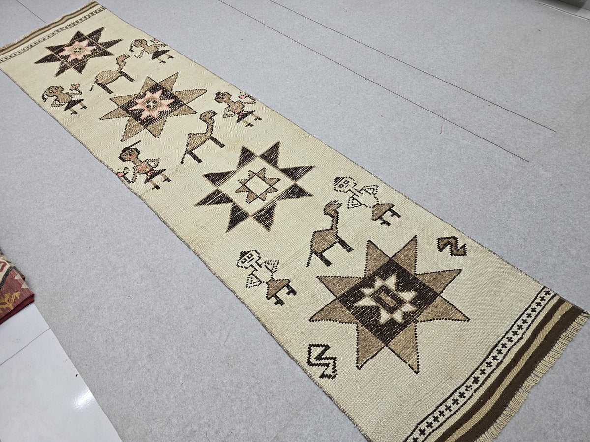 3x13 Vintage Runner Rug, Ivory Cream Diamond Tribal Hallway Carpet, Neutral Geometric Wool Long Runner, Boho Scandinavian Decor Animal Rug