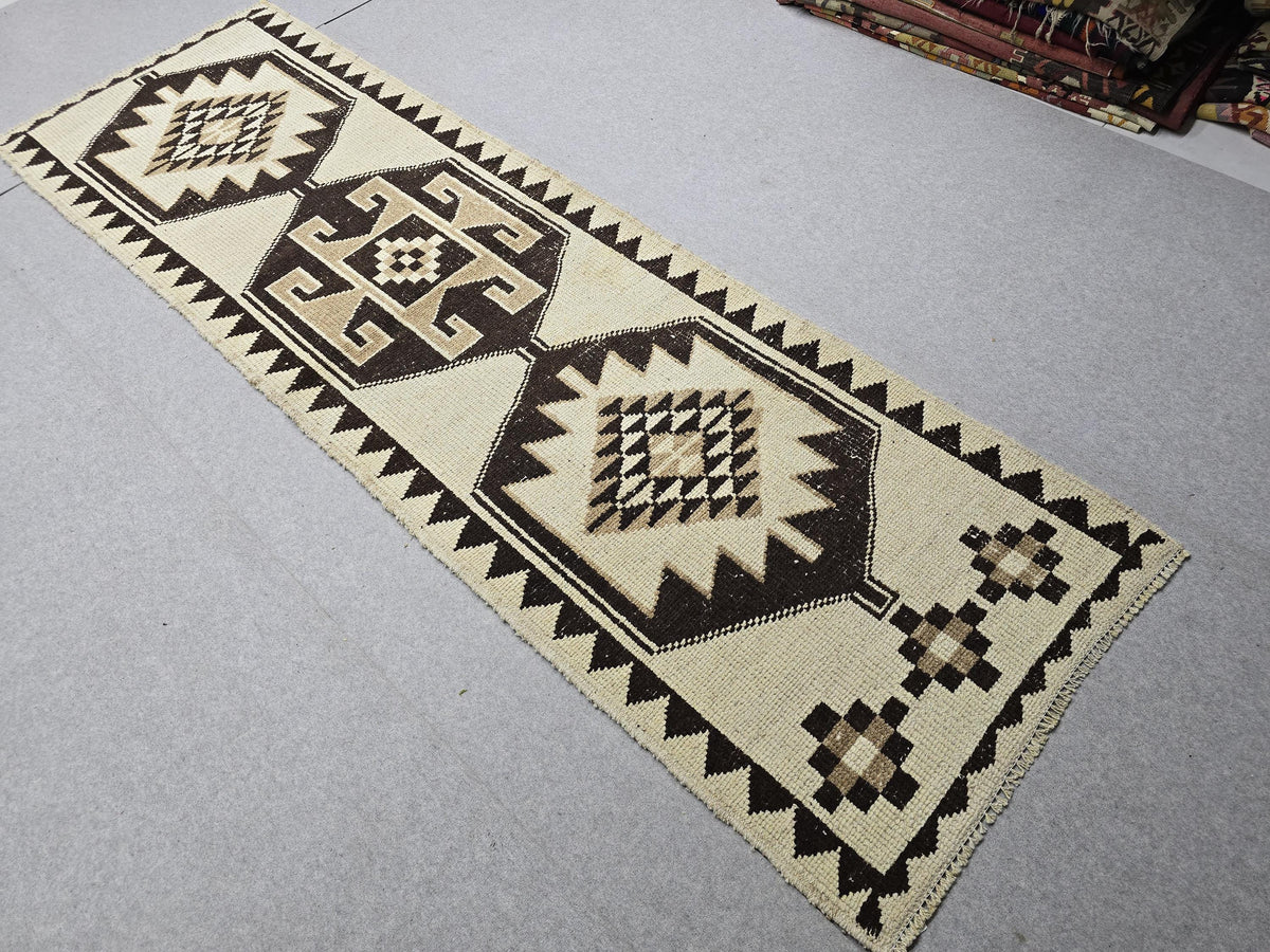3x10 Vintage Turkish Runner Rug 3x10, Hand Knotted Tribal Wool Runner, Cream Brown Hallway Rug, Anatolian Oushak Runner, Boho Kitchen Runner