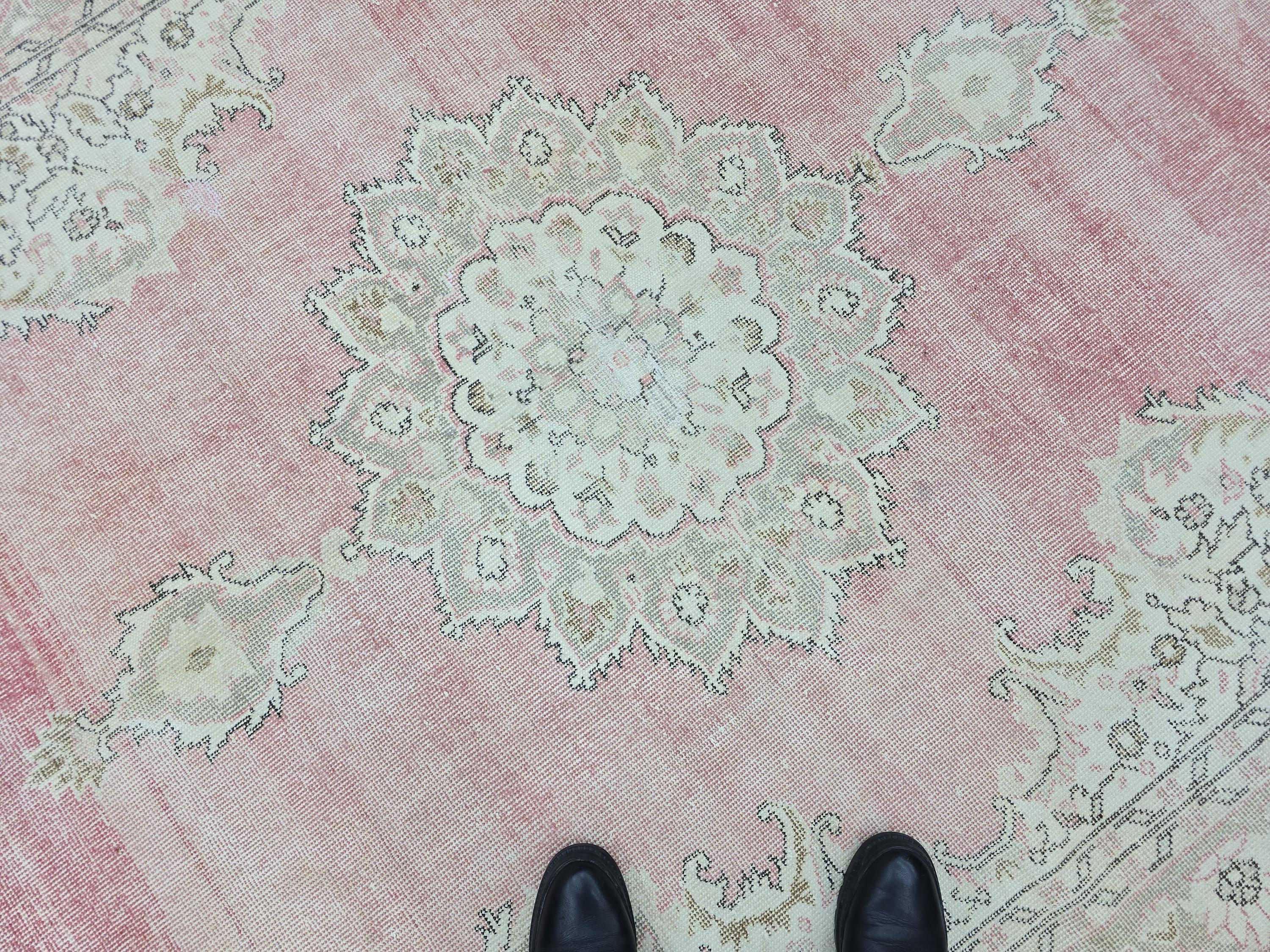 Pink Turkish Rug 7x11 Vintage Oushak Area Rug Distressed Medallion Living Room Large Carpet