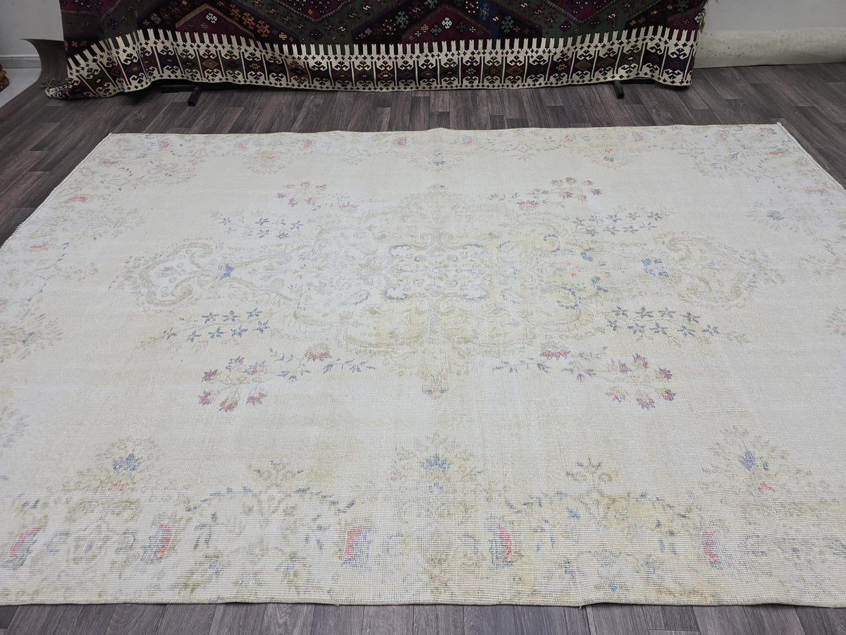7x10 Vintage Turkish Area Rug, Handmade Neutral Tribal Decor