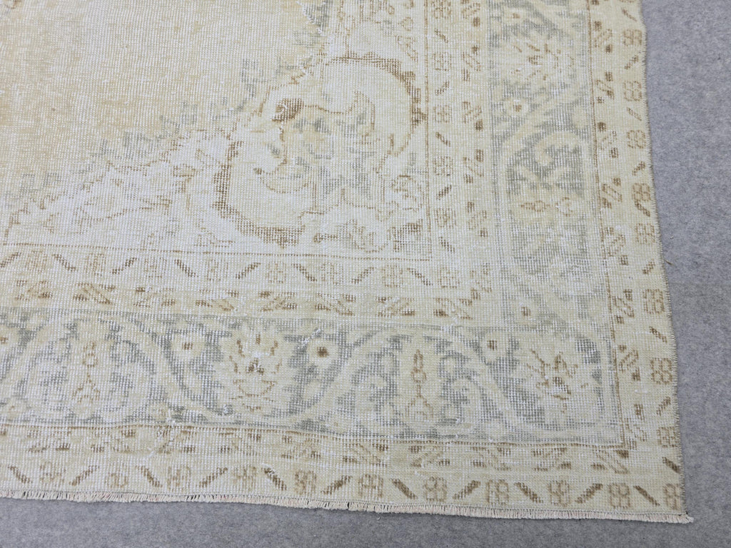 Oushak Rug 7x10, Beige Medallion Antique Turkish Carpet, Faded Muted Handknotted Wool Rug for Living Room Office