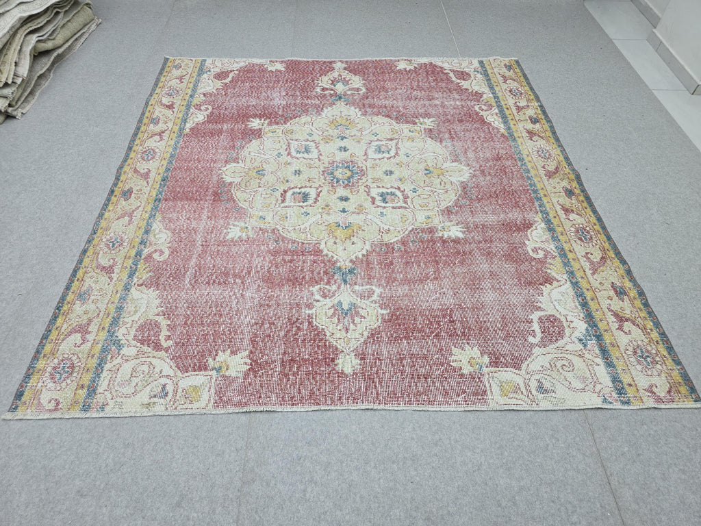 Turkish Rug 7x7, Vintage Pink Medallion Area Rug, Square Hand Knotted Wool Carpet for Living Room, Faded Rose Oushak Style