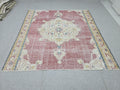 Turkish Rug 7x7, Vintage Pink Medallion Area Rug, Square Hand Knotted Wool Carpet for Living Room, Faded Rose Oushak Style
