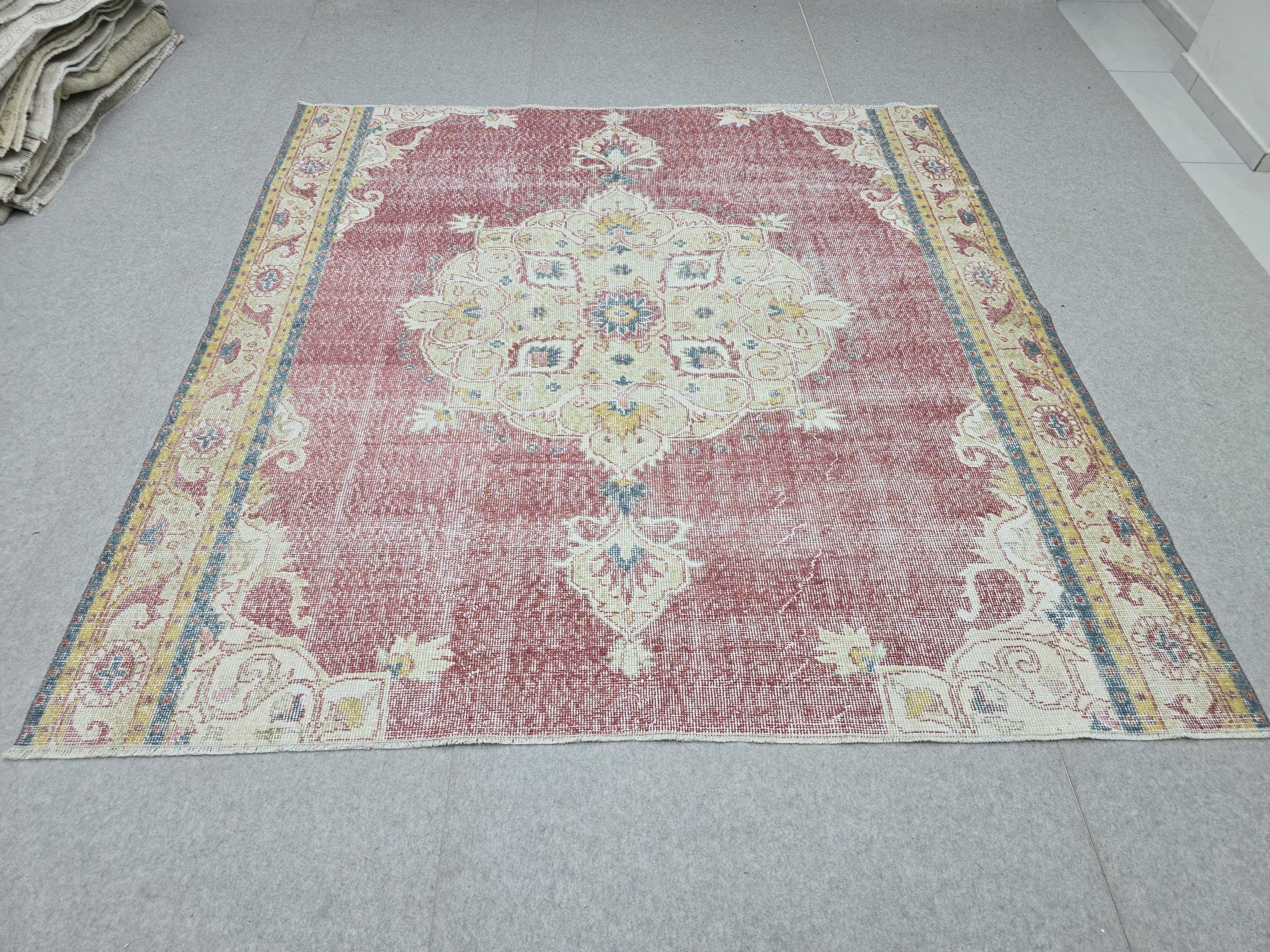 Turkish Rug 7x7, Vintage Pink Medallion Area Rug, Square Hand Knotted Wool Carpet for Living Room, Faded Rose Oushak Style