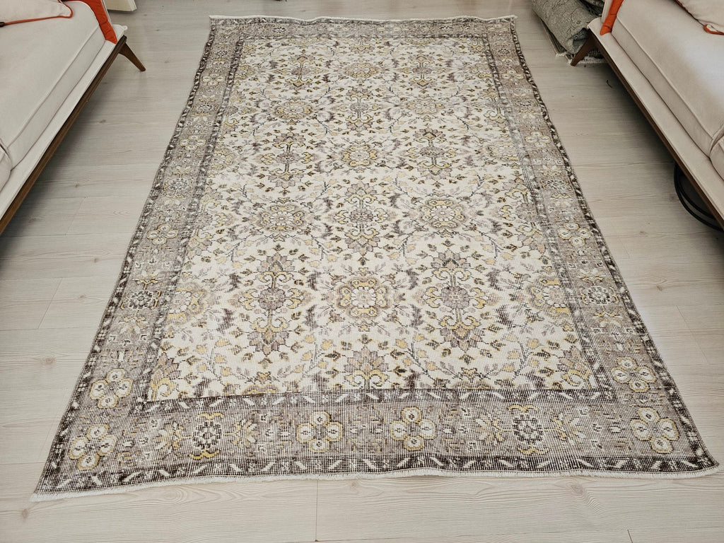 5x8 Oushak Vintage Cream Floral Design Wool Turkish Rug - Handmade Wool Oushak Carpet // 5.35x8.30 feet