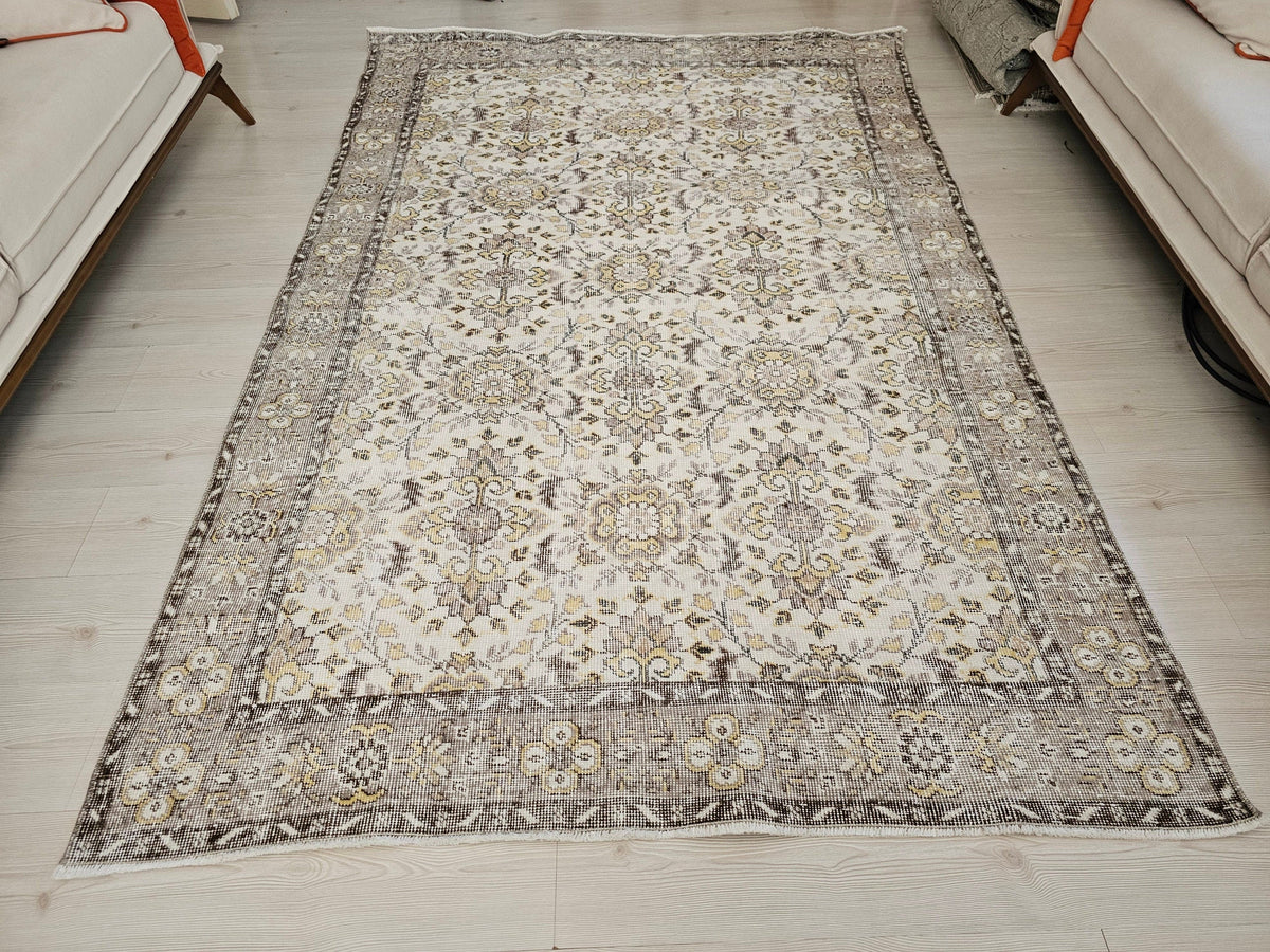 5x8 Oushak Vintage Cream Floral Design Wool Turkish Rug - Handmade Wool Oushak Carpet // 5.35x8.30 feet