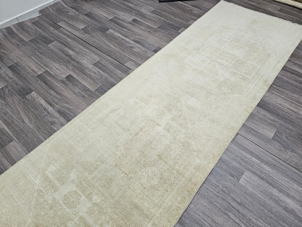 Neutral Oushak Runner Rug: 3x13 Vintage Turkish Hallway Rug