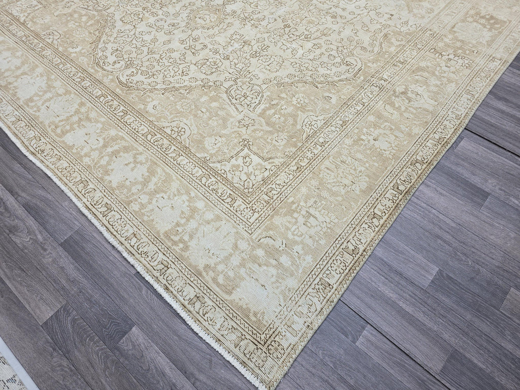 9x12 Vintage Turkish Rug Oushak | Beige Cream Large Area Carpet Handmade Wool Rug