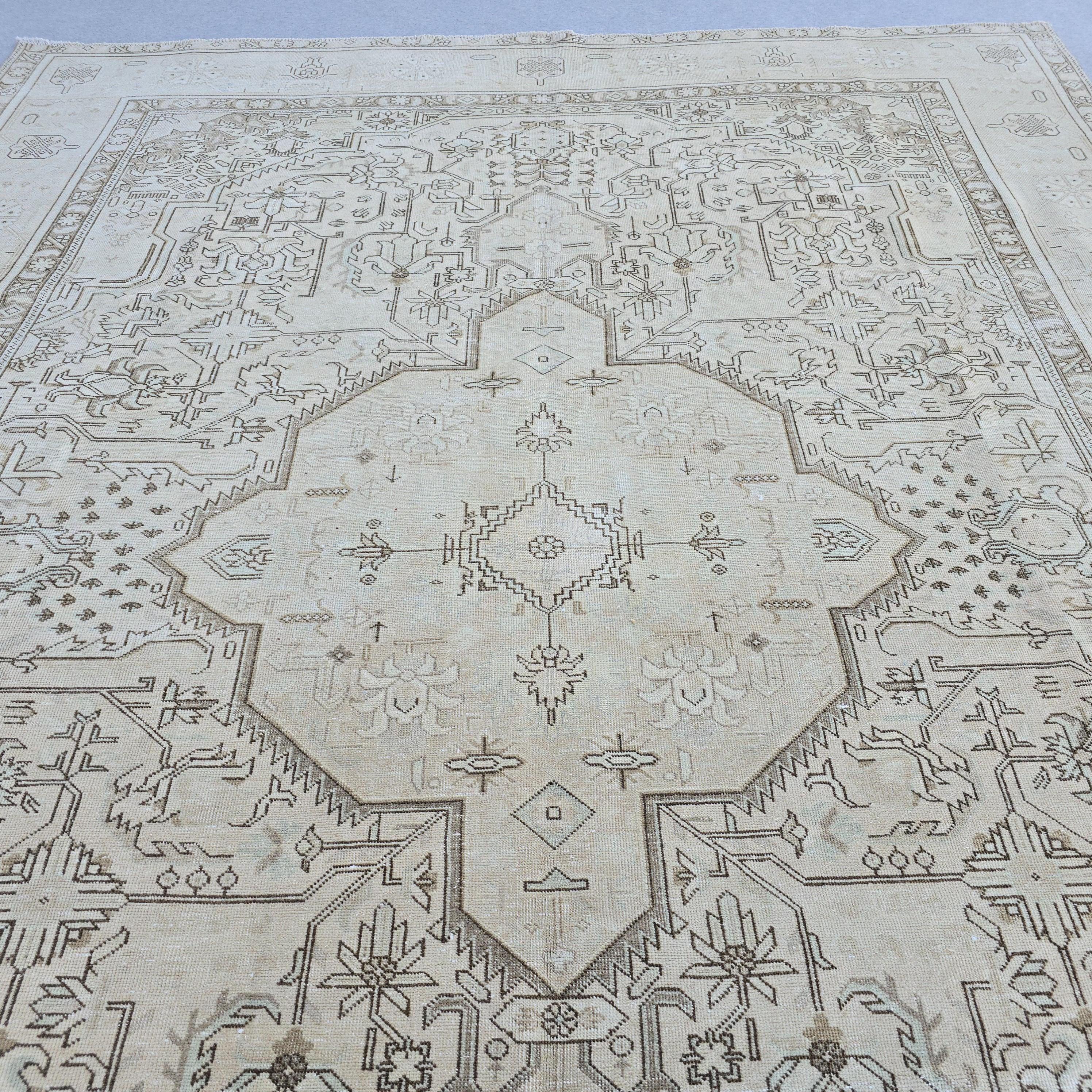 Oversized Oushak Rug: Hand-Knotted Wool, Beige Brown Geometric, 9.7x12.25 ft